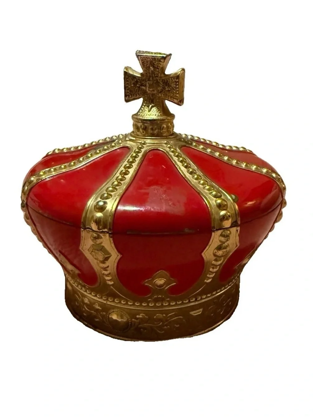 Vintage 1960 Enameled Red Imperial Crown Hinged Trinket Decorative Jewelry Box